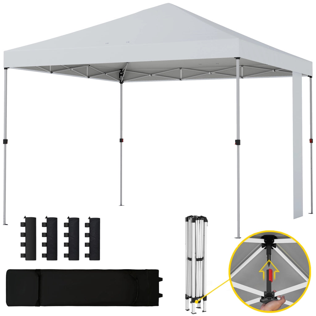 Gazebo Pieghevole 3x3 m Pop Up da Giardino in Metallo e Tessuto Oxford Bianco Resistente con Sacchi di Sabbia