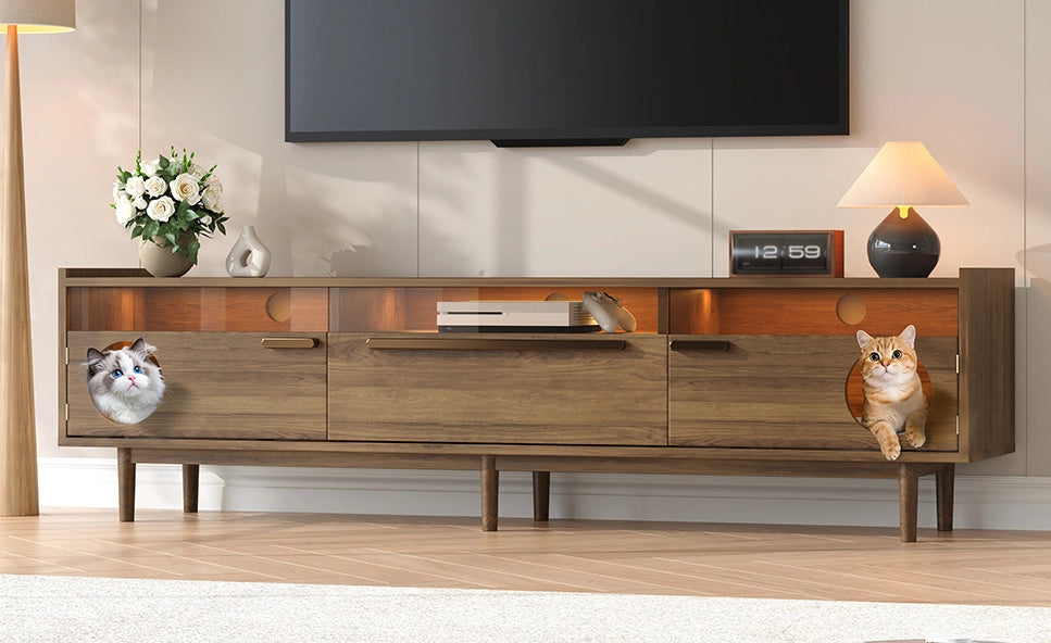 Mobile TV 180x40x50 cm con vano per gatti e illuminazione LED; MDF e vetro temperato; noce