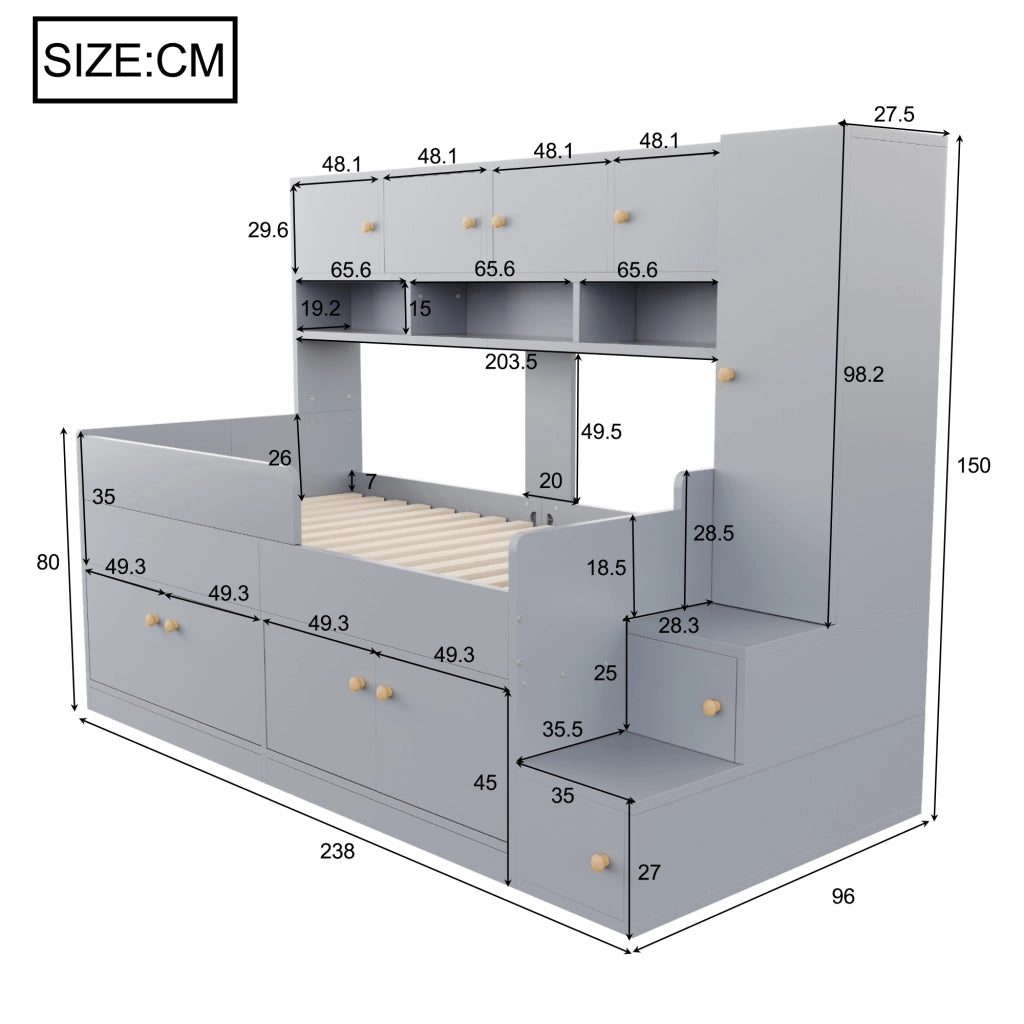 Letto a soppalco 90 × 200 cm con armadio scale contenitore LED in legno grigio con barriera e rete a doghe