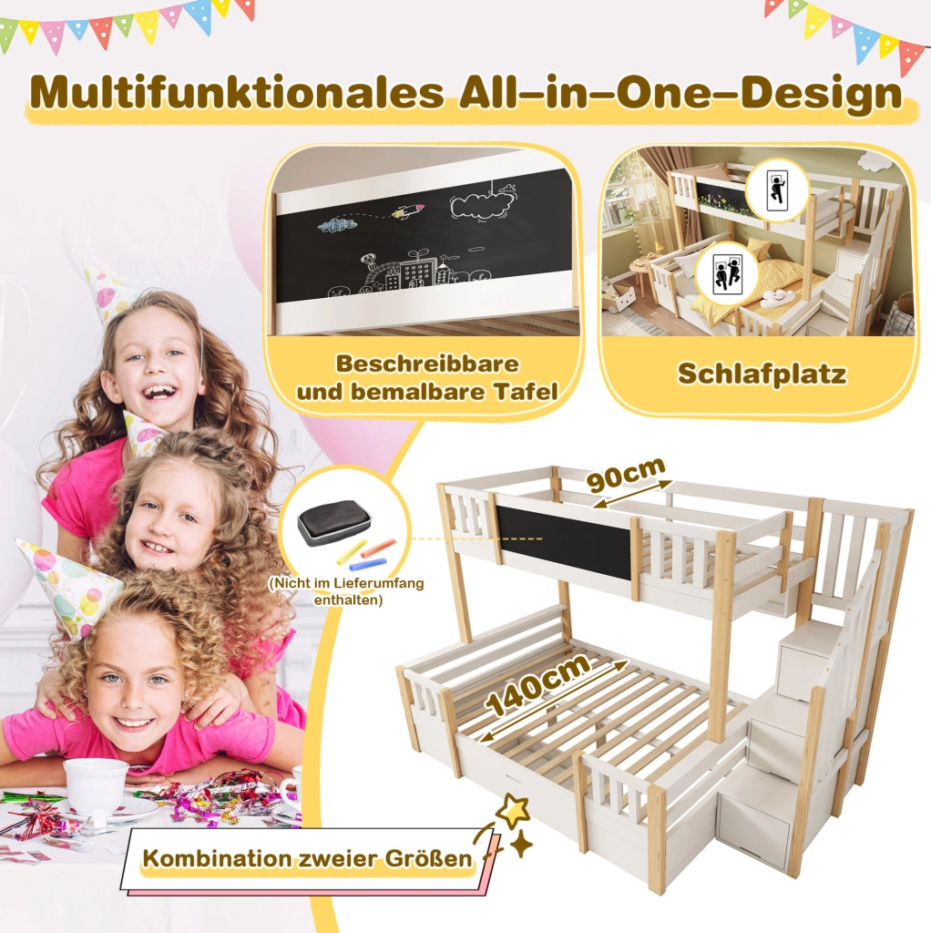Letto a castello per 3 bambini con lavagna, scala contenitore e cassetti