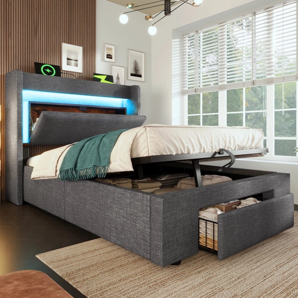 Letto contenitore singolo 90 × 200 cm con cassetto; LED regolabile; USB e tipo C; senza materasso; grigio