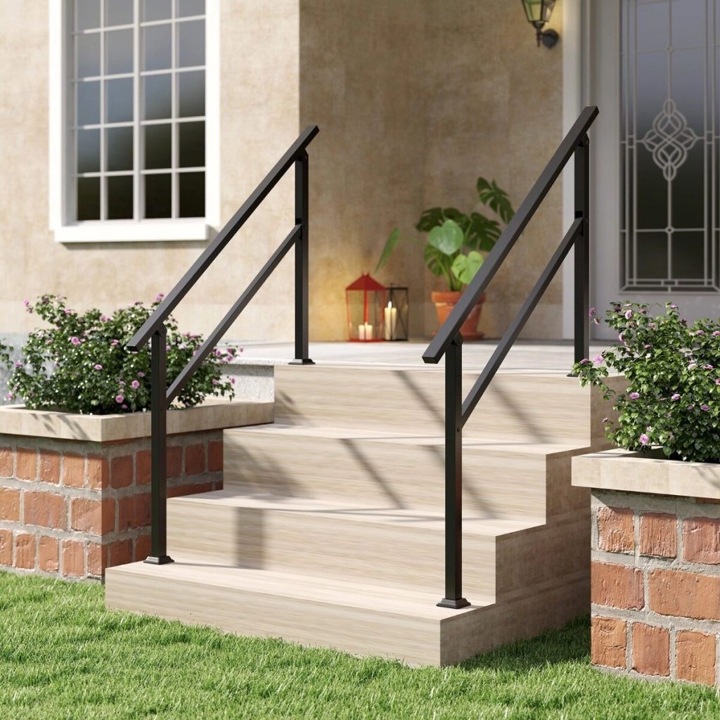 Set di 2 ringhiera di sicurezza per scale con kit installazione per terrazza, Corrimano per scale esterne per 0-4 gradini Nero