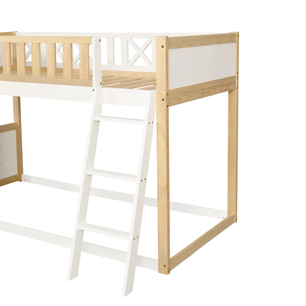 Letto a soppalco 90 × 200 cm con lavagnetta; box portaoggetti e scala a 3 gradini in legno bianco naturale