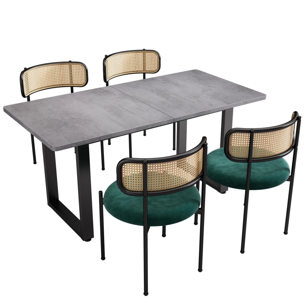SET TAVOLO E SEDIE da pranzo 5 pezzi velluto e rattan nero e grigio
