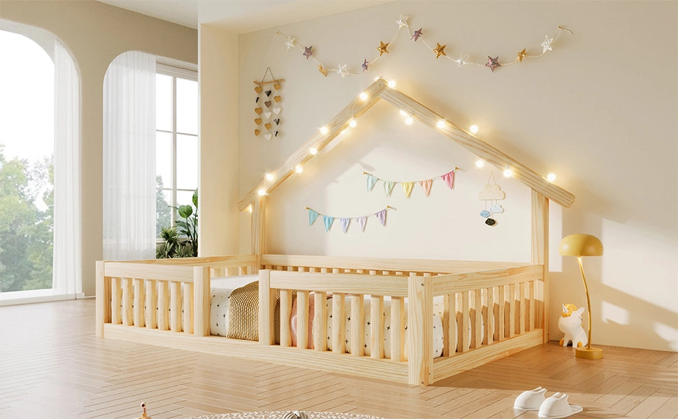 Letto Casetta per Bambini 90x200 cm con Sponde di Sicurezza; LED; Naturale