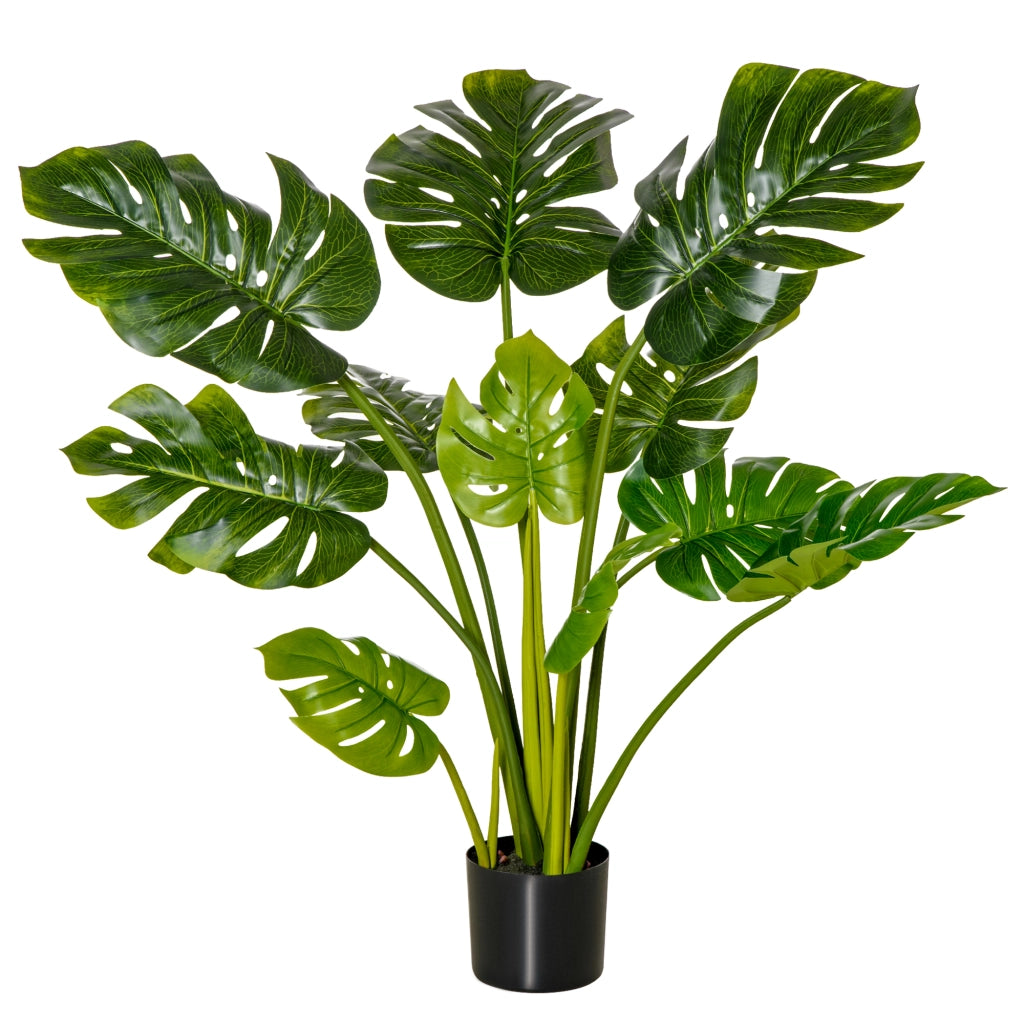 Pianta artificiale monstera da interno e esterno con 11 foglie realistiche vaso nero e base in cemento alta 110 cm