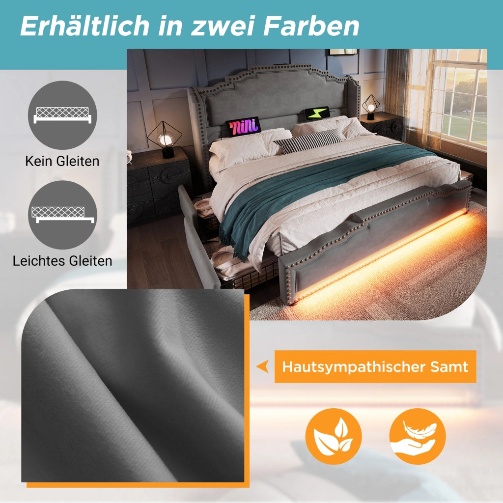 Letto contenitore matrimoniale 180 × 200 cm con 4 cassetti, LED, USB e USB-C, senza materasso, velluto grigio