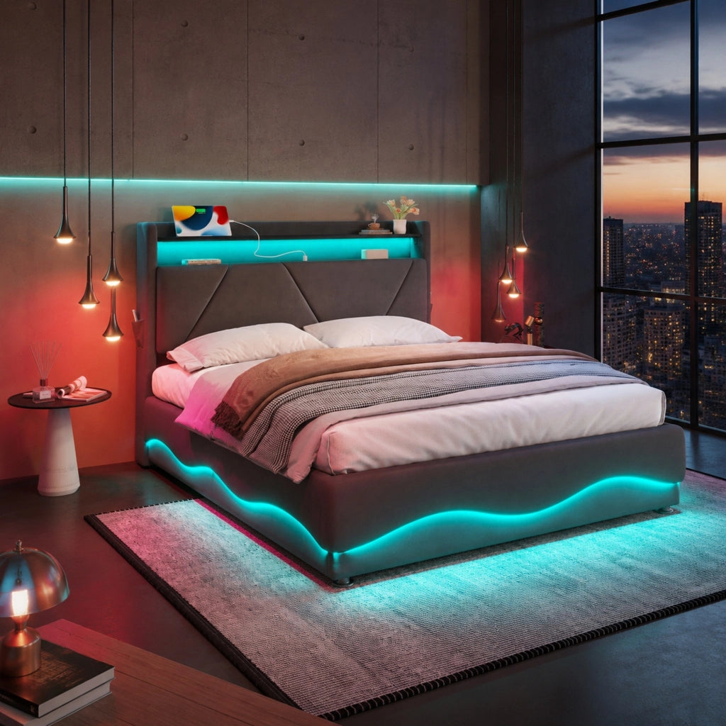 Letto imbottito 140x200 cm con contenitore, LED e USB-C in velluto grigio scuro