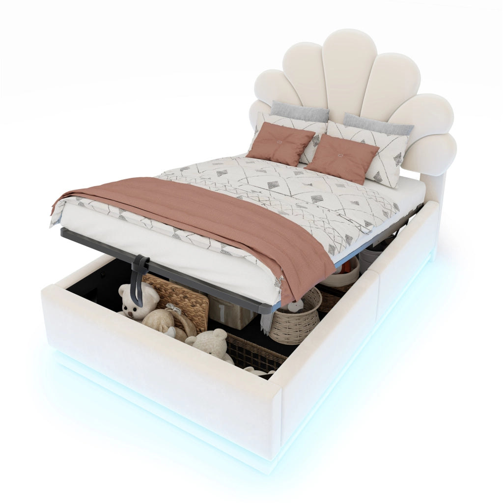 Letto contenitore 90 x 200 cm, testiera a fiore, contenitore idraulico, LED, velluto beige