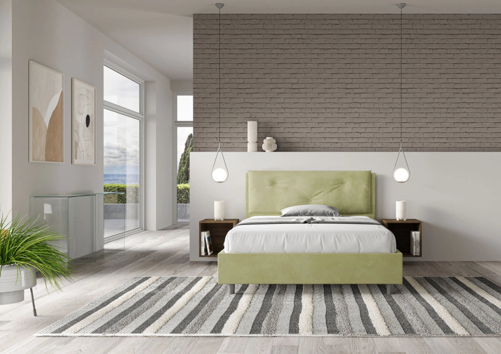 BS COM Letto matrimoniale francese contenitore imbottito 140x190 microfibra tè verde Large
