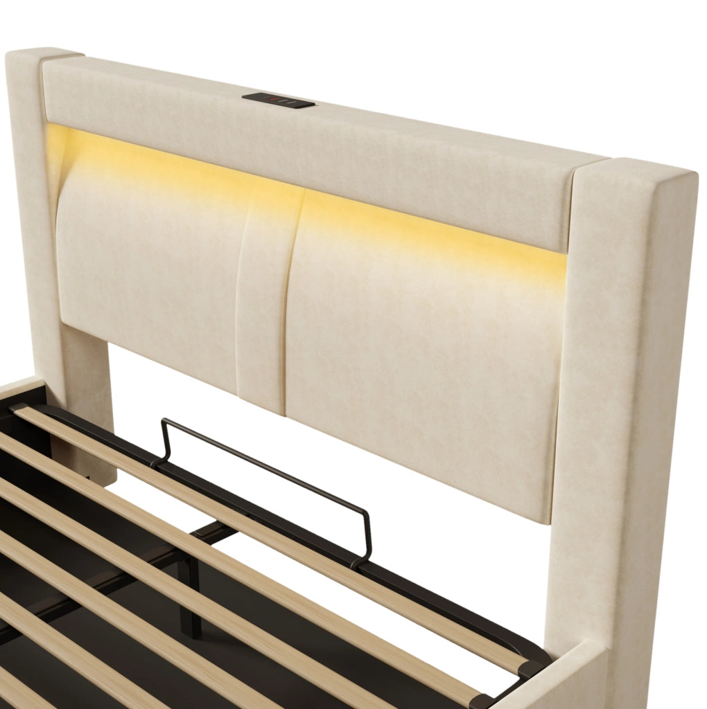 Letto contenitore 140x200 cm in velluto beige con LED, USB e materasso incluso