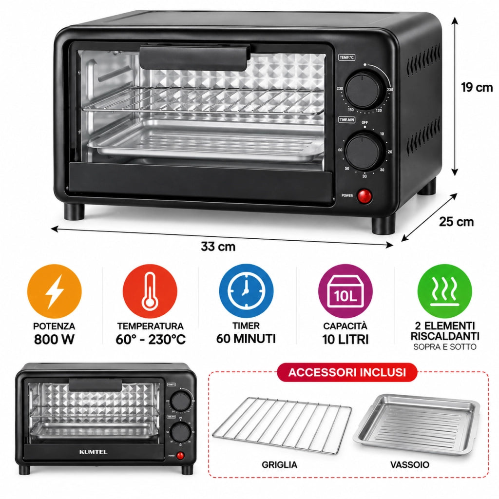 Mini Forno Elettrico 10L 800W Timer 60 min Temperatura regolabile 60-230° Nero