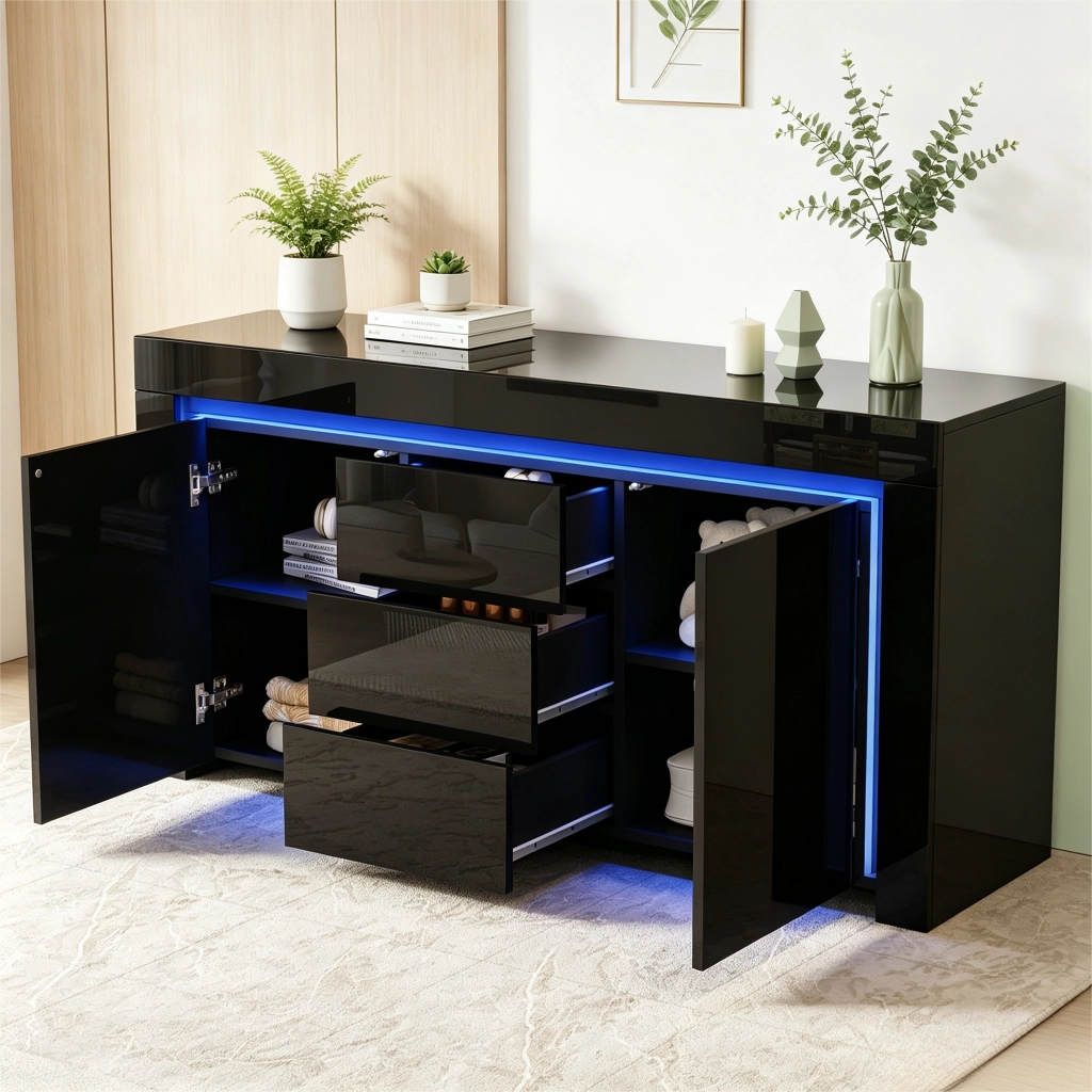 Credenza e madia con LED, 2 ante, 3 cassetti e ripiani regolabili, per soggiorno, in MDF nero, 140 × 40 × 65 cm
