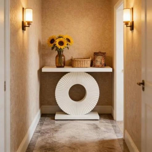Tavolo consolle bianco in MDF e metallo con base geometrica floreale