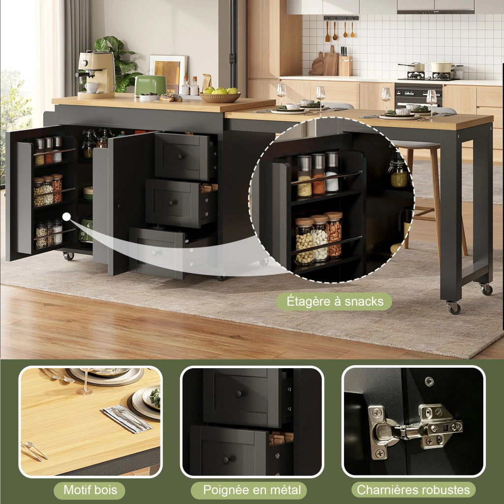 Mobile base da cucina con piano allungabile; 3 cassetti; armadio e ruote in MDF nero 116–179.5 × 45 × 89 cm