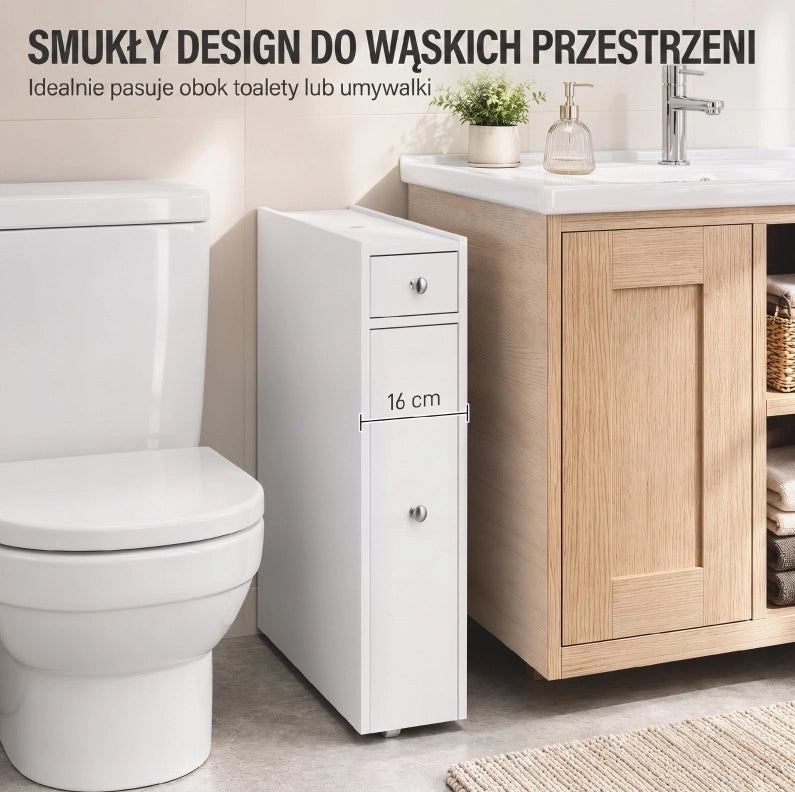 Mobiletto bagno bianco stretto con 2 cassetti e vano aperto, 16x48x58 cm