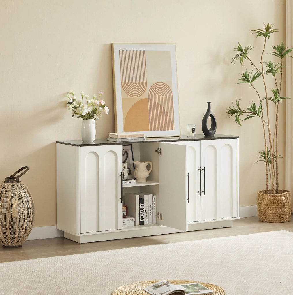 Sideboard con ante ad arco, 160 cm, MDF bianco e nero con cerniere soft-close e fissaggio anticaduta