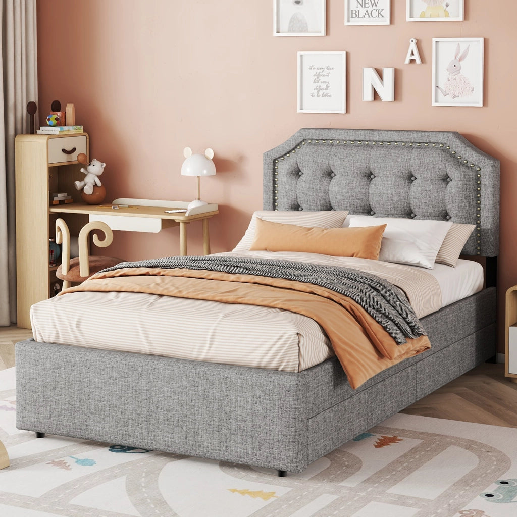 LETTO imbottito 90x200 cm Grigio con 2 cassetti