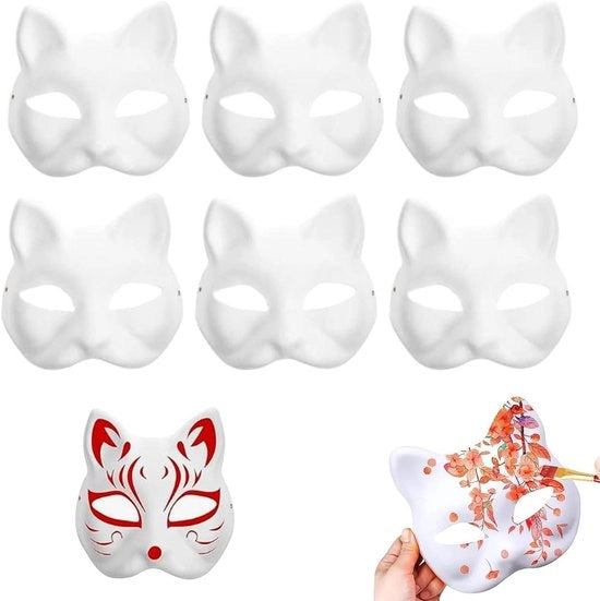 6 pezzi di maschere da gatto Halloween 18 x 17 cm - maschera therian in bianco - dipinta a mano per feste di Halloween
