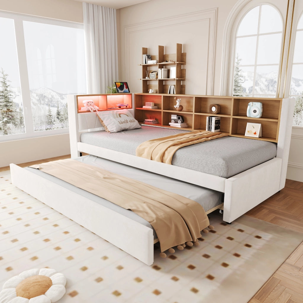 Letto divano 90 × 200 cm con letto estraibile 90 × 190 cm; LED; USB; tipo C e prese; senza materasso; beige