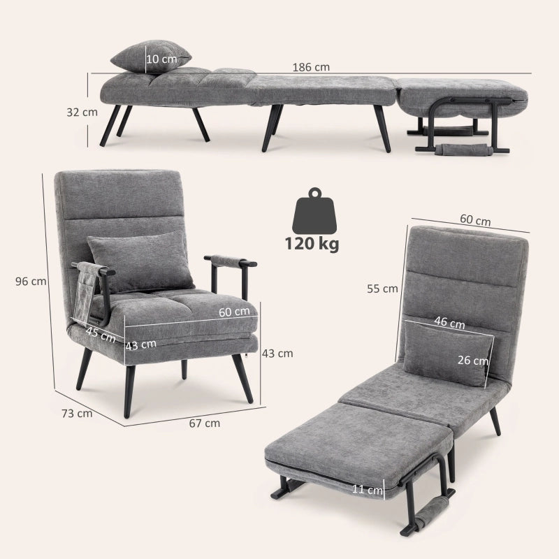 Poltrona letto 3 in 1 in ciniglia grigia con schienale regolabile a 5 livelli e letto singolo 186 × 60 cm