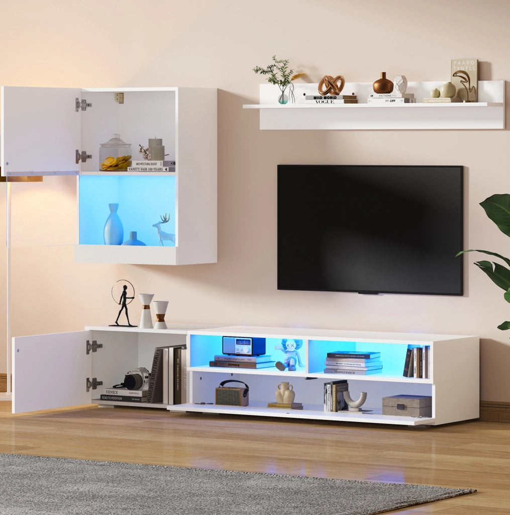Set mobile TV con LED; 175x39x34 cm; bianco; in pannello truciolare