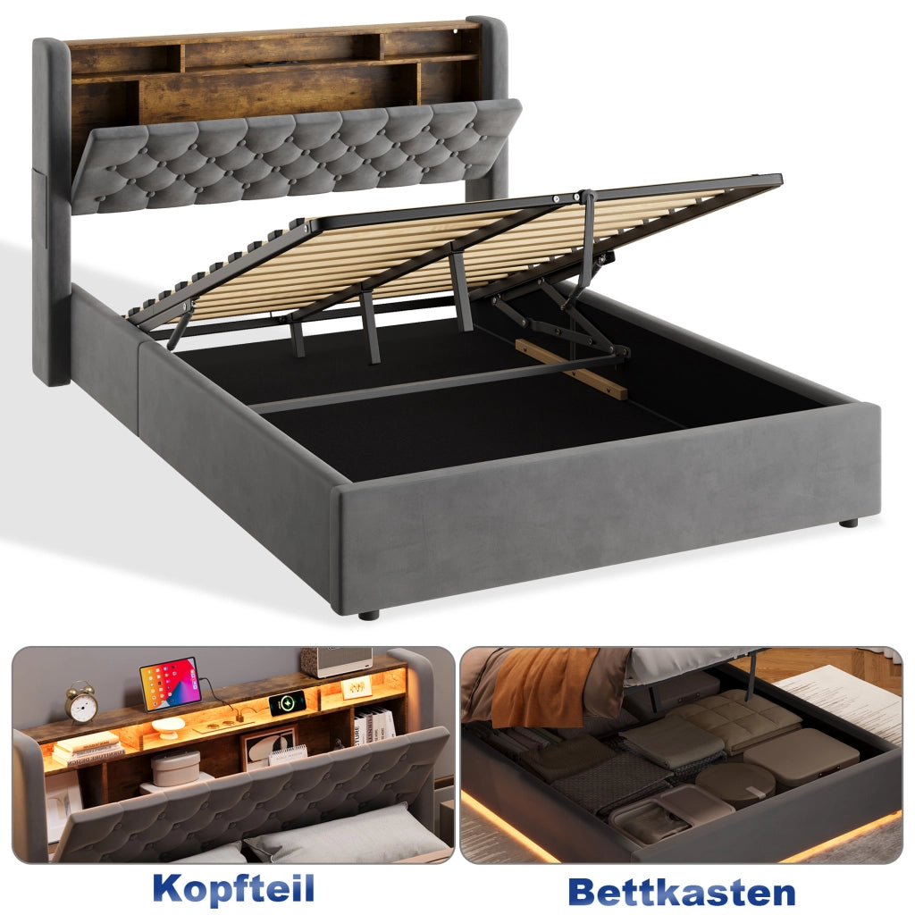 Letto imbottito 140 × 200 cm con contenitore, mensola testiera, LED e porte USB in velluto holland grigio