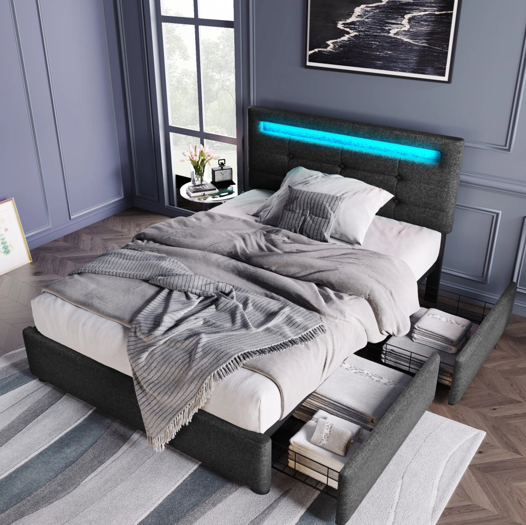 Letto singolo imbottito 90x200 cm con LED e 2 cassetti