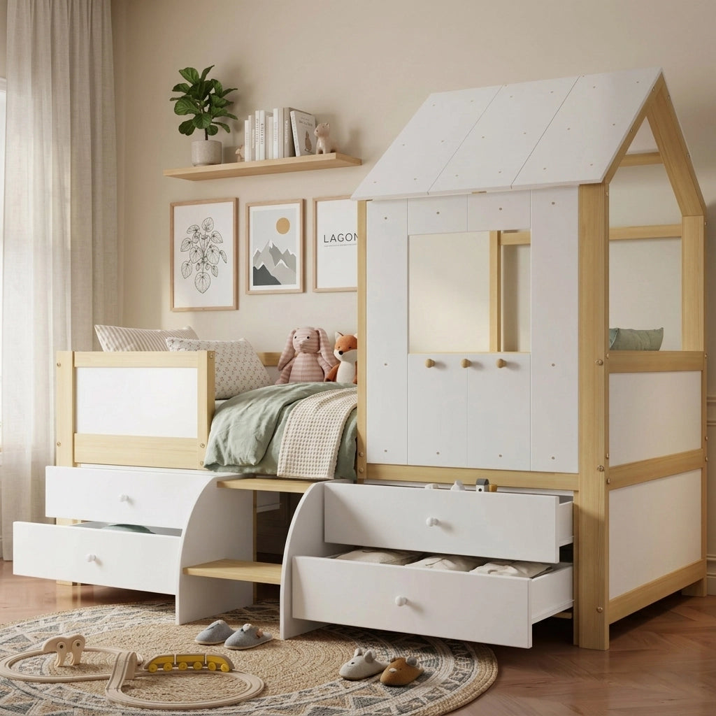 Letto a casetta 90 ¡Á 200 cm con cassetto e scala in legno bianco con rete a doghe e barriera laterale
