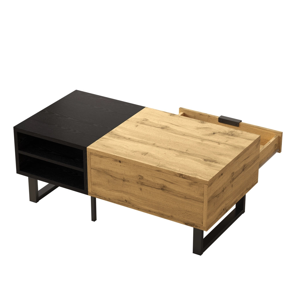 Tavolino da salotto con cassetto 100 x 50 x 40 cm in pannello truciolare nero e legno con vani a giorno