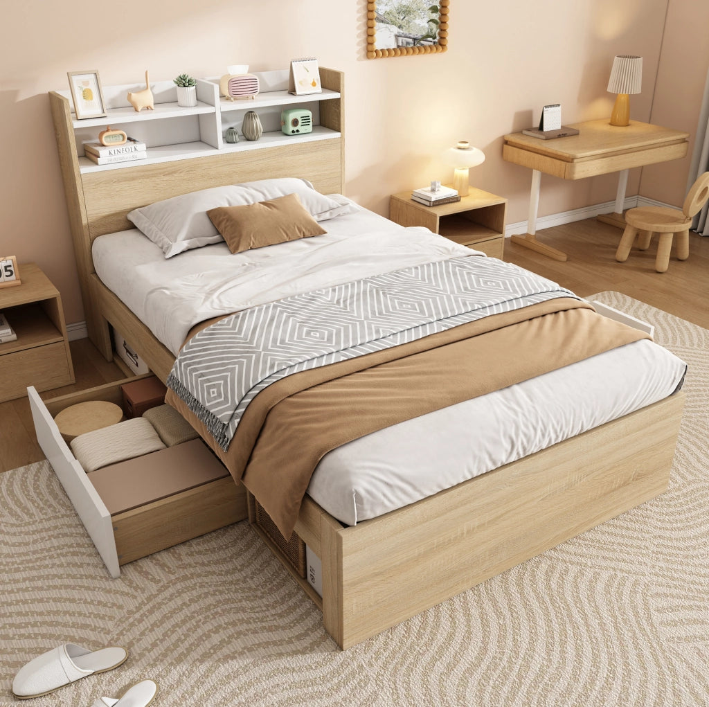 Letto singolo 90x190 cm con testiera a ripiani; 2 cassetti; bianco e rovere