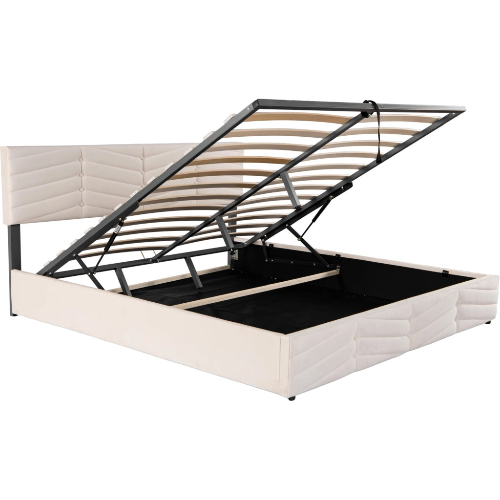 Letto imbottito in velluto beige con contenitore e testiera regolabile