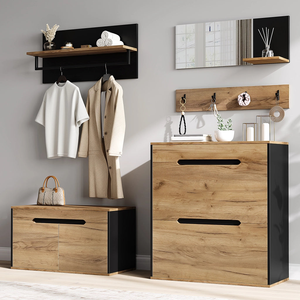 Set guardaroba con armadio, cassetto, specchio, 2 scarpiera, cappelliera e 4 ganci, scarpiera con panca, nero e legno, 156 x 36 x 176 cm