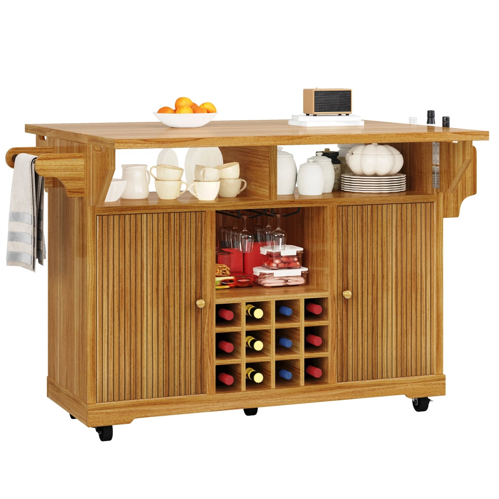 Carrello da cucina mobile con ripiani regolabili, portabottiglie estraibile e piani ribaltabili, in MDF marrone scuro