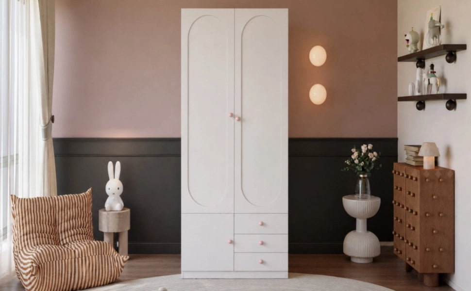 Armadio per cameretta con 2 ante 3 cassetti e appendiabiti in MDF bianco laccato con maniglie rosa 80 × 50 × 200 cm