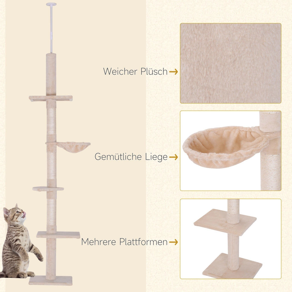Tiragraffi da soffitto regolabile per gatti a 5 livelli con rivestimento in peluche e sisal beige 40 × 34 × 230–260 cm