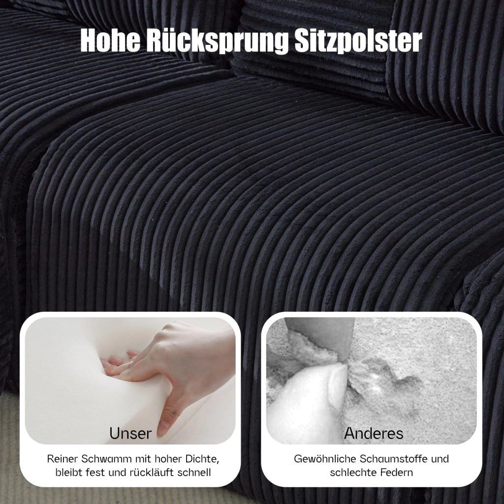 Divano modulare a 2 posti in velluto a coste nero con portabicchieri integrato e tasca laterale 200 × 99 × 80 cm