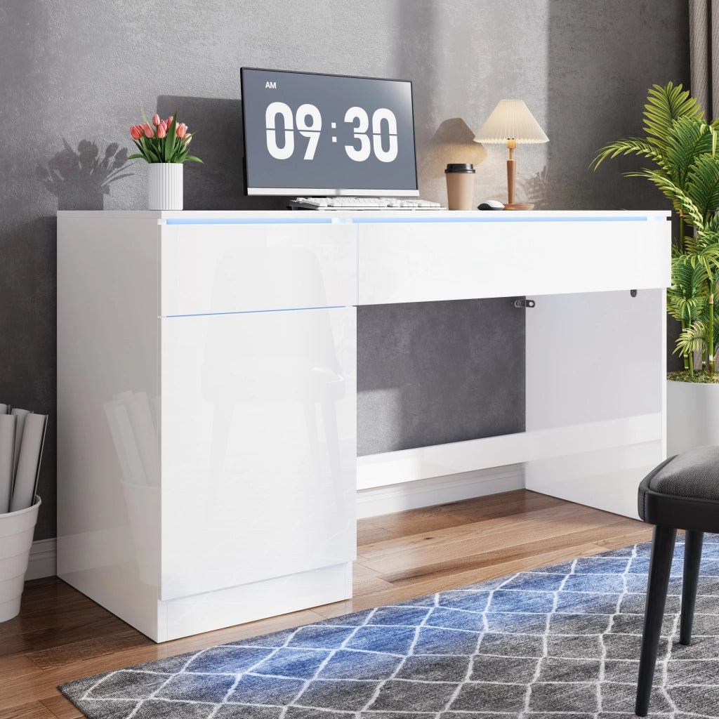 Scrivania con LED due cassetti e vano con anta in truciolare bianco lucido per home office 120 × 50 × 78 cm