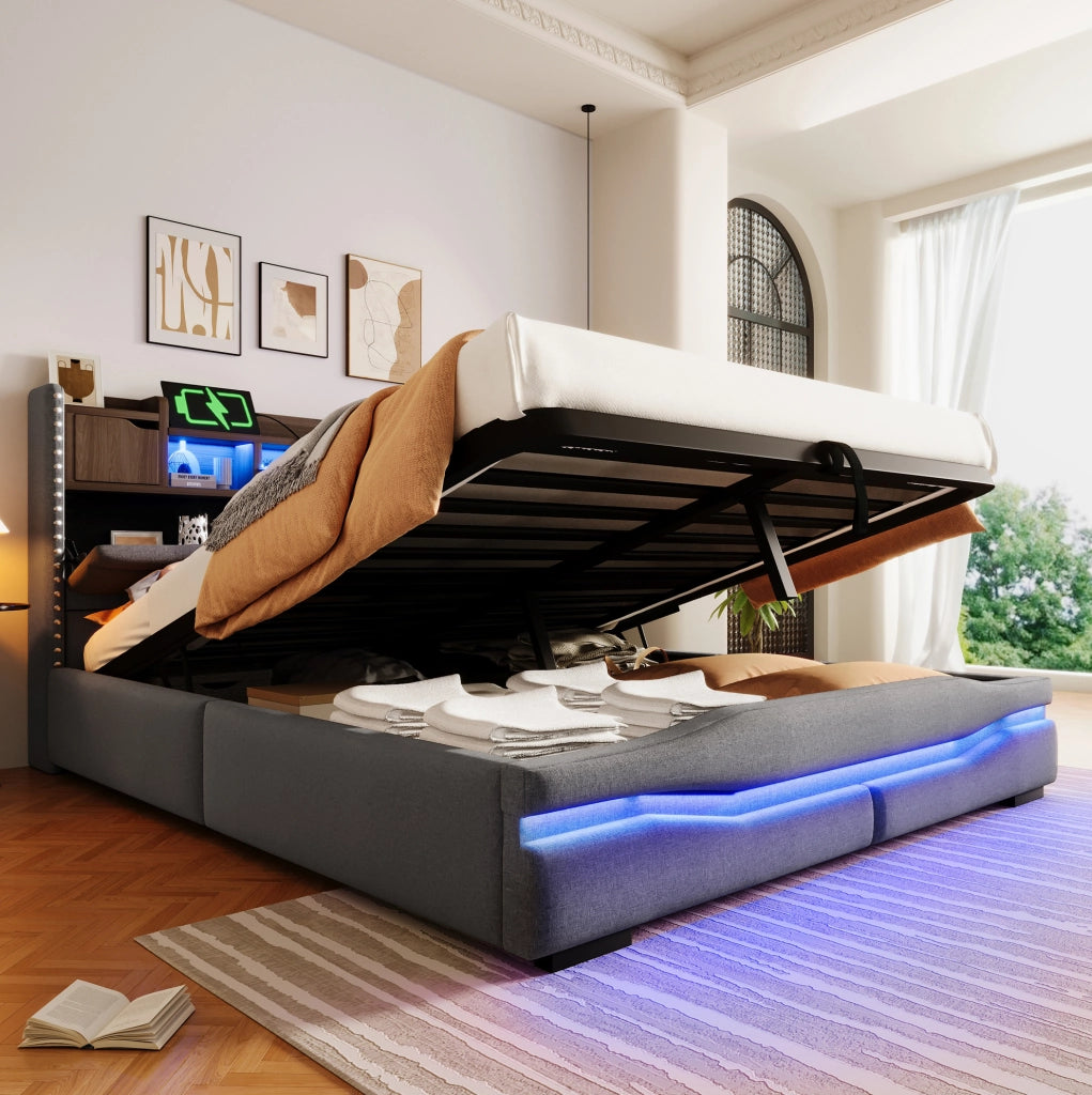 Letto matrimoniale 160x200 cm imbottito in lino grigio con contenitore idraulico e luci LED