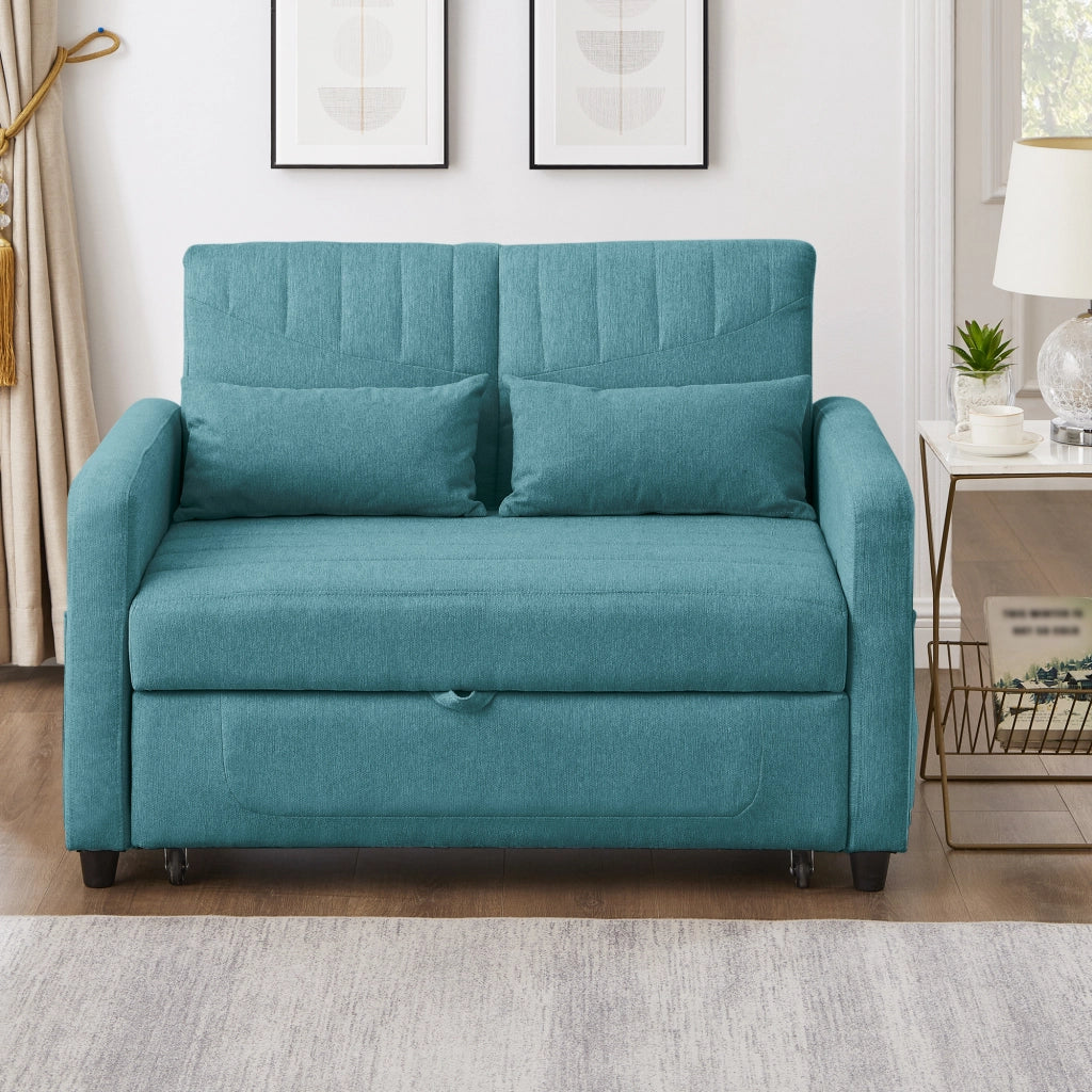 Divano letto a 2 posti estraibile con schienale regolabile in 3 posizioni tessuto cotone e lino blu verde antico