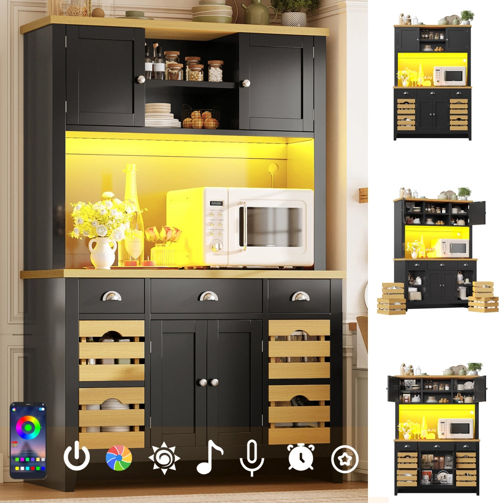 Credenza da cucina alta LED con ripiani regolabili e 4 cestelli, chiusura ammortizzata, nera, 120 × 40 × 188 cm