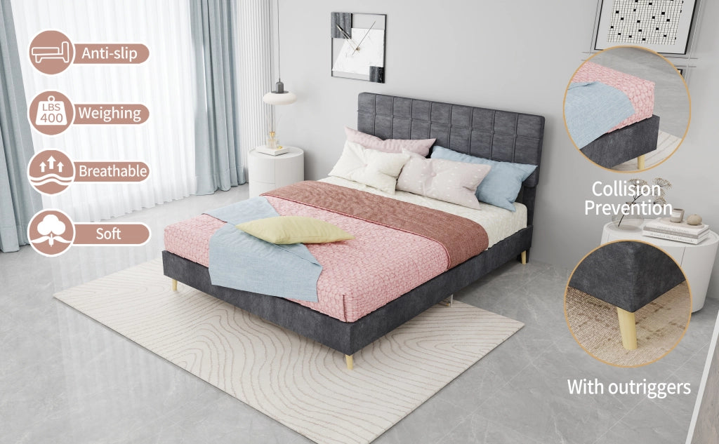 Letto matrimoniale 140 ¡Á 200 cm in velluto grigio con testiera imbottita trapuntata e struttura in legno