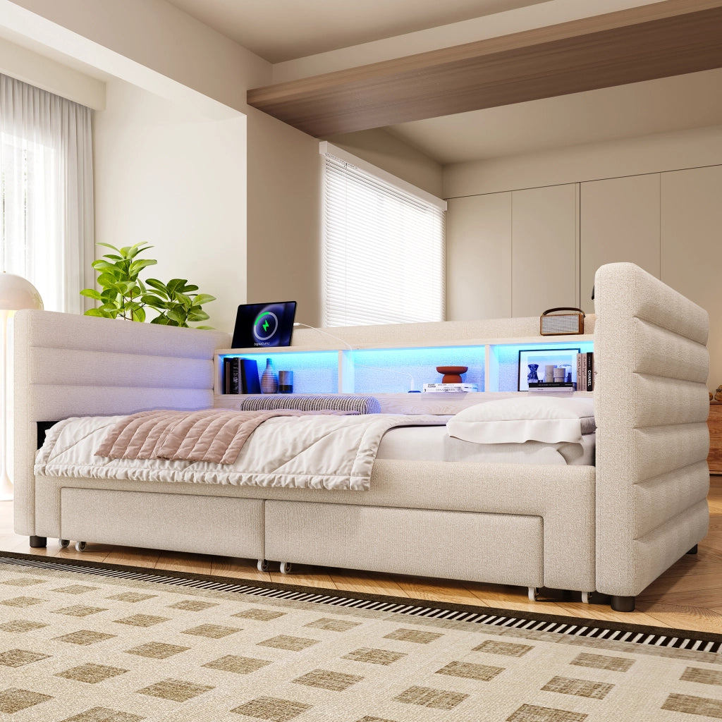 Letto da giorno estraibile 90x190 cm in velluto beige con LED; USB e cassetti