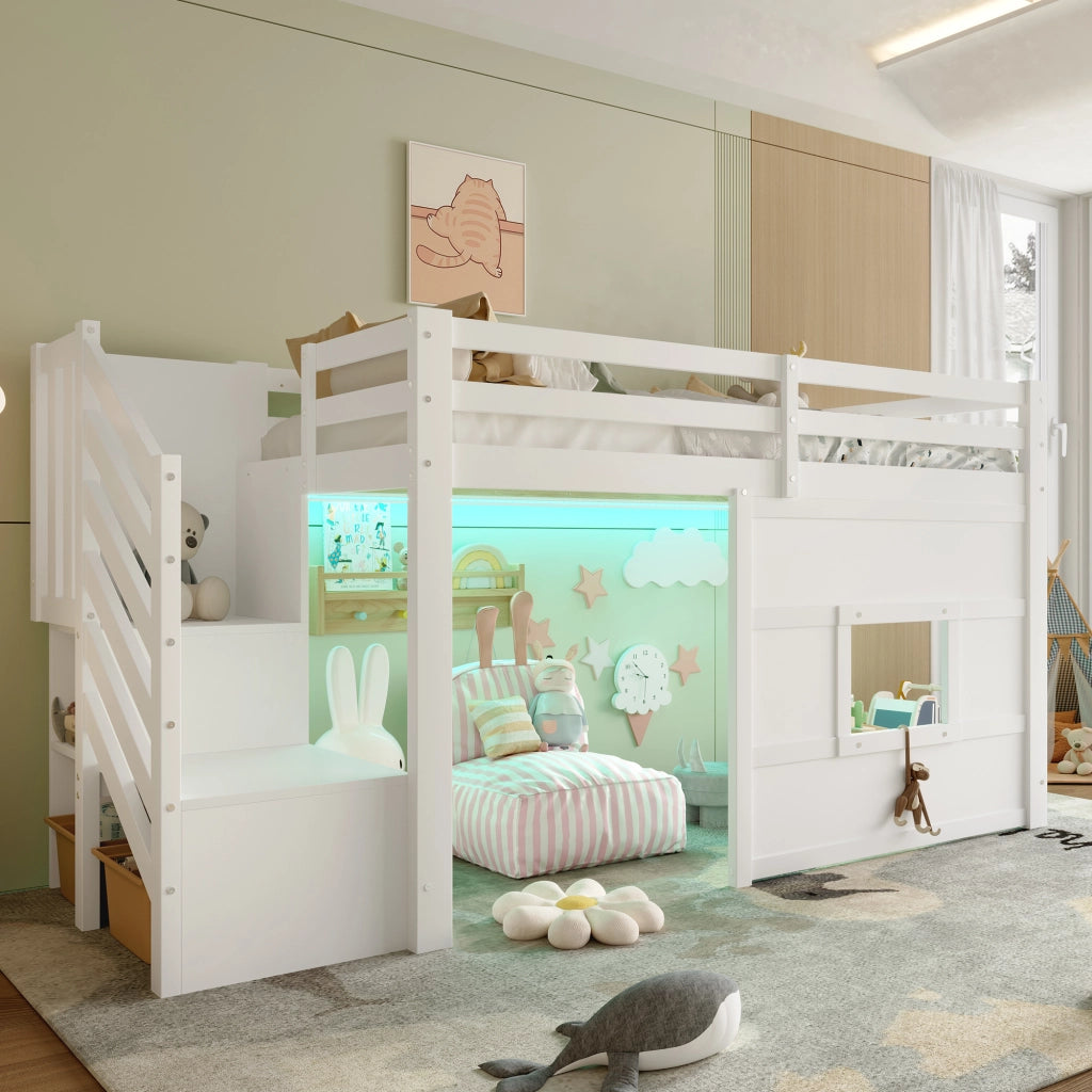 Letto a soppalco 90 x 200 cm con scala contenitore e finestra - Bianco