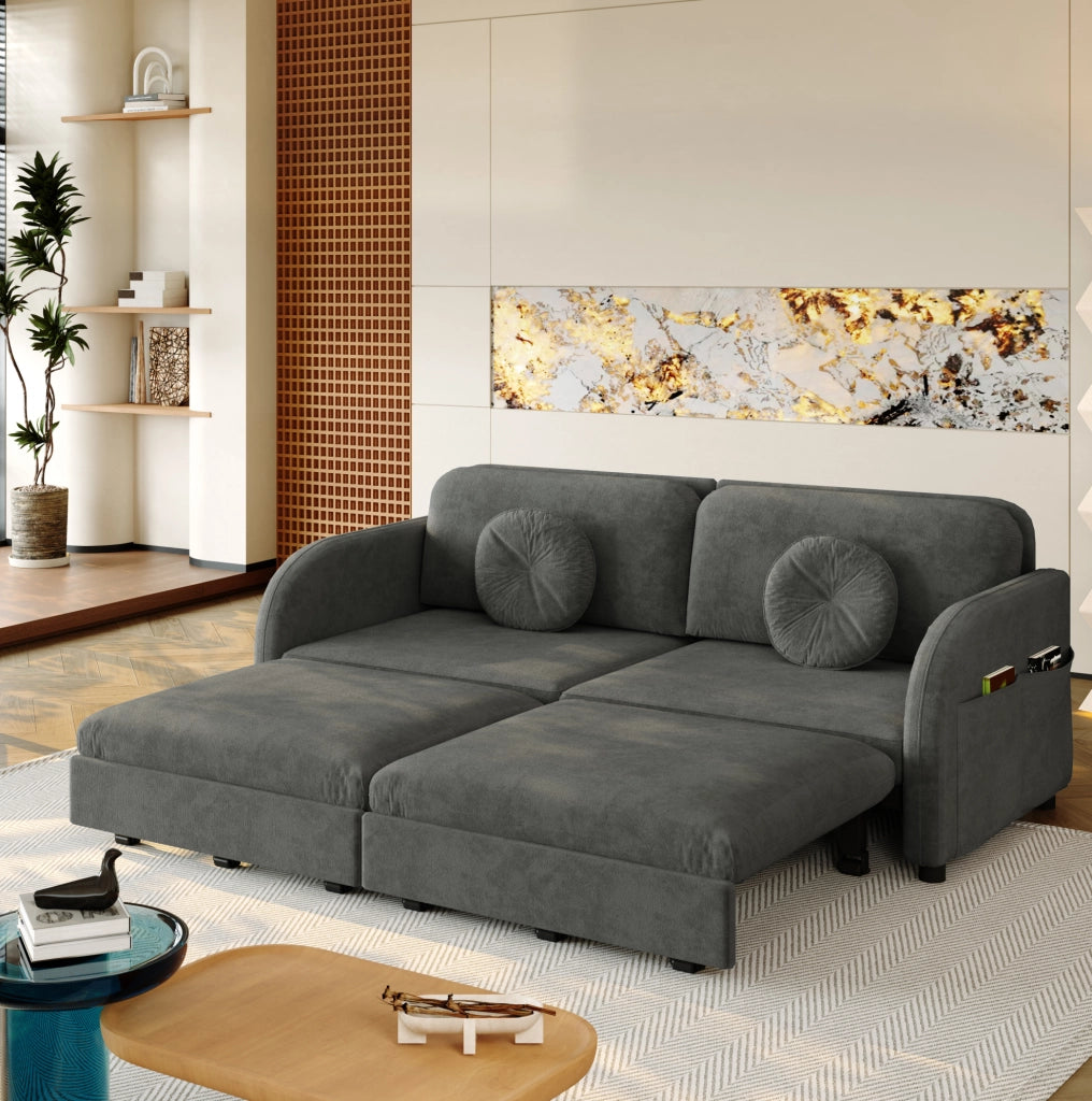 Divano letto estraibile 3-in-1 queen size 166 cm in chenille grigio con cuscini e tasche contenitive laterali