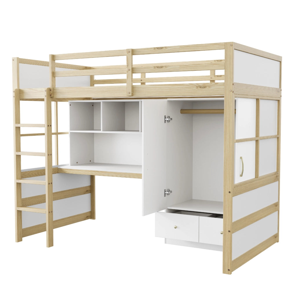 Letto a soppalco 90x200 cm con scrivania, armadio e cassetti colore naturale