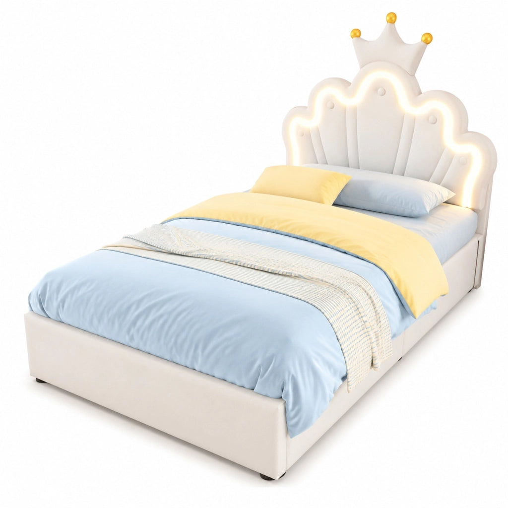 Letto singolo imbottito 90 × 200 cm con contenitore idraulico PU bianco testiera regolabile e LED