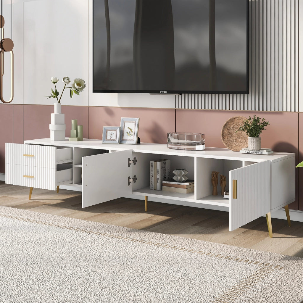 Mobile porta TV bianco in MDF con 2 cassetti e vani aperti, moderno e capiente