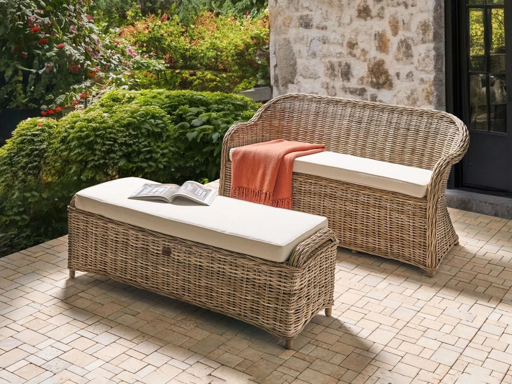 Panca da giardino 150 cm con poggiapiedi in rattan naturale bianco sporco Cuscini per esterni interni Giardino Patio Balcone