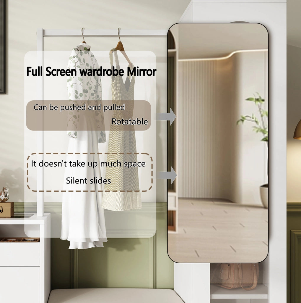 Set guardaroba multifunzionale 6 in 1 con tavolo da toeletta, porta abiti, panca porta scarpe e vetrina con luce LED a colori